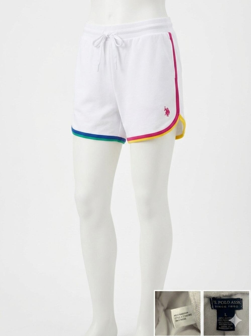 U.S. Polo Assn White Lounge Shorts Rainbow Trim Multicolor Athletic Pajama L NEW